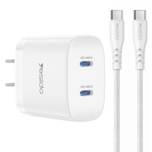 Yesido PD45W Dual Type-C Fast Charger Kit with Type-C to Type-C Cable, US Plug, EU Plug, UK Plug