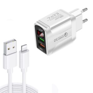 F002C QC3.0 USB + USB 2.0 LED Digital Display Fast Charger with USB to 8 Pin Data Cable, EU Plug, EU Plug + 8 Pin Cable