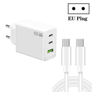 GaN PD65W Type-C x 2 + USB3.0 Charger with Type-C to Type-C Data Cable ,EU Plug
