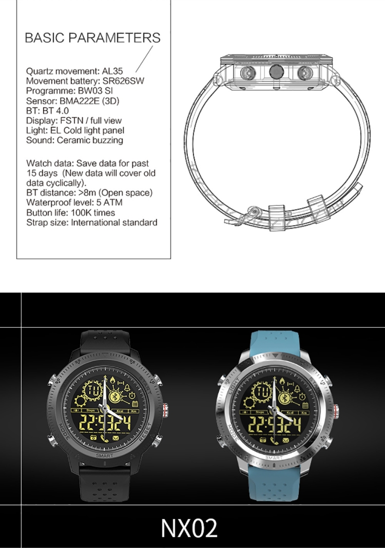 NX02 Sport Smartwatch IP67 Waterproof Support Tracker Calories Pedometer Smartwatch Stopwatch Call SMS Reminder - Image 13