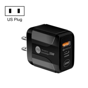 25W PD Type-C + QC3.0 USB Ports Travel Charger, US Plug, EU Plug