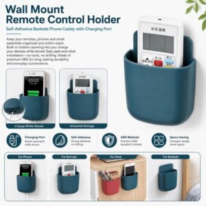 Wall Mount Remote Control Holder Self-Adhesive Bedside Phone Caddy Universal Storage Box Organizer with Charging Port