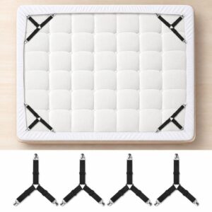 4pcs /Pack Bed Sheet Fasteners 3-Way Triangle Sheet Straps Adjustable Elastic Mattress Sheet Holder Straps with Metal Clips & Fabric Protectors